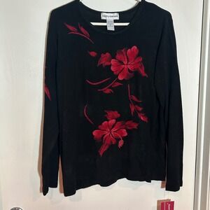 Cathy Daniels Black Red Floral Long Sleeve Full Fashion Sweater 2X